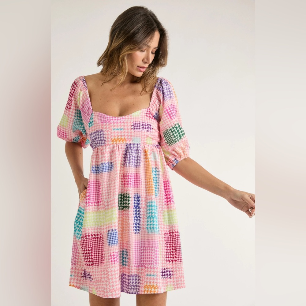 Puff Sleeve Multi-Colored Pink Dress